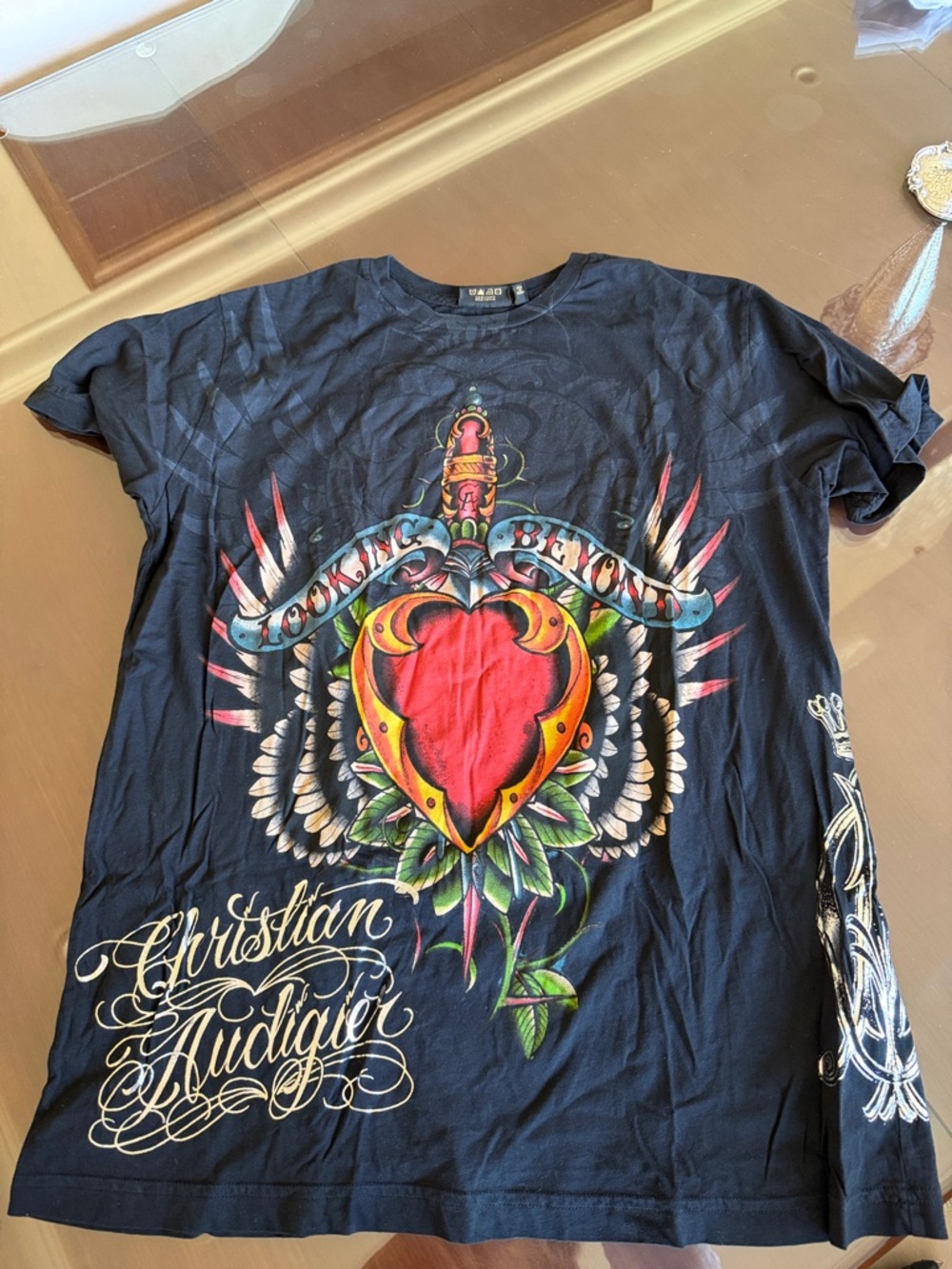 CHRISTIAN AUDIGIER Graphic Black Tee with Red Heart Dagger Design size Large